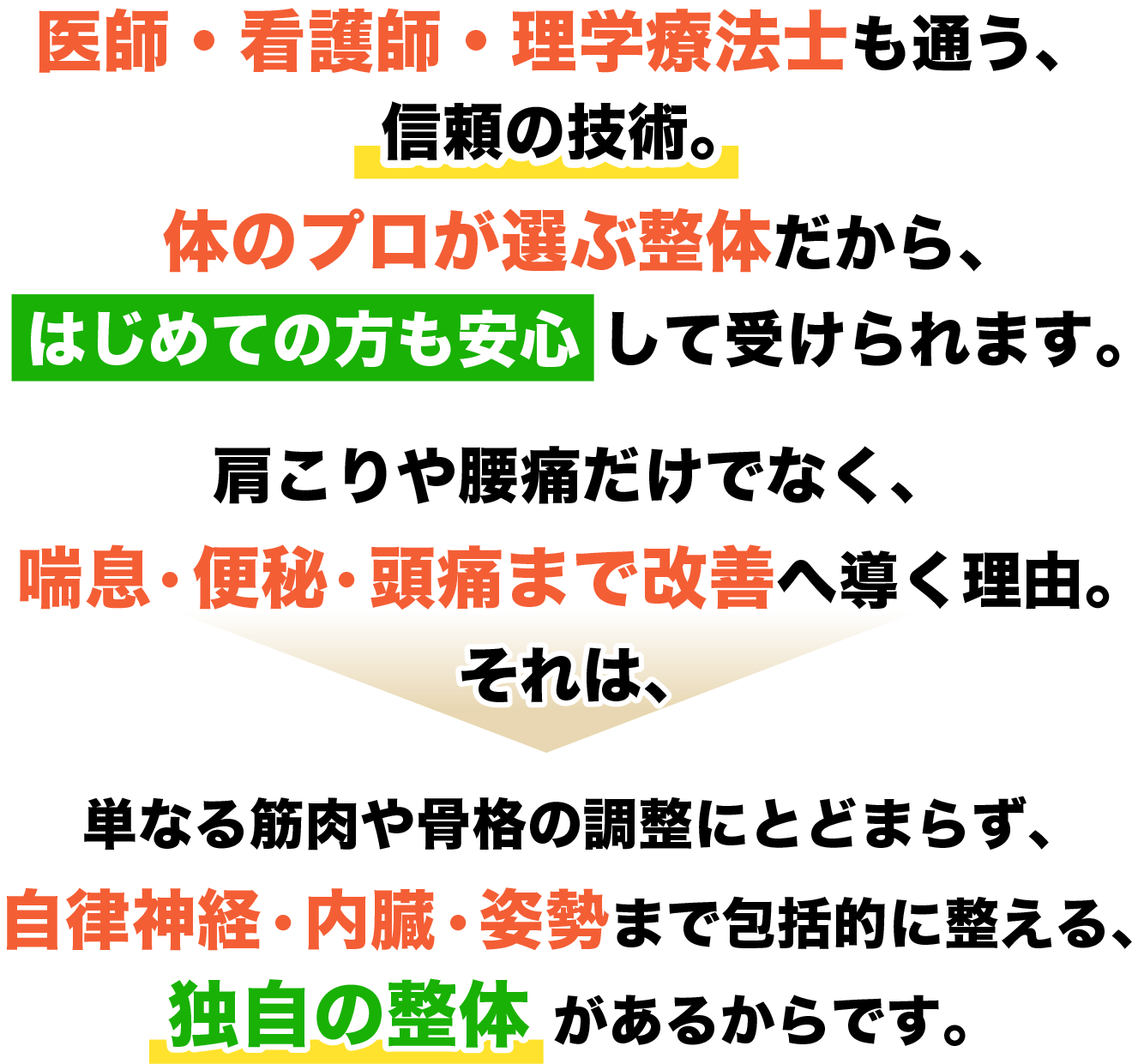 医師・看護師・理学療法士も通う、 信頼の技術。